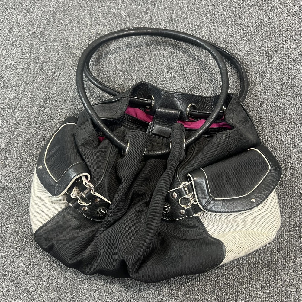 Cole Haan Megan Large Canvas Leather Tote Bag Black Cream Silver Hardware Y2K